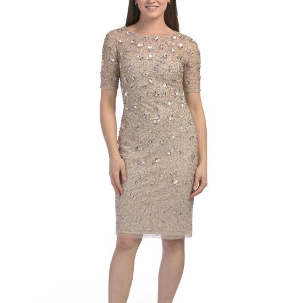 Adrianna Papell Short Sleeve Beaded Dress Size 6 Color Biscotti